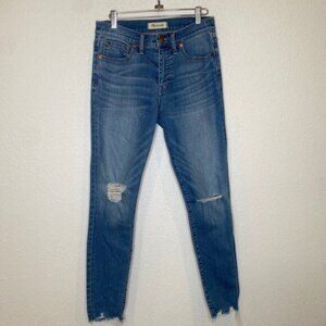 Madewell 9” Mid-Rise Skinny Blue Distressed Jeans EUC Sz 27 Cotton Stretch